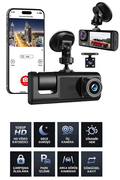 1080p Wifi Full Hd Araç Içi Kamera Arka Ön Iç Kayıt 3 Kamera Gece Görüşlü Gsensör Geniş Açı - 1