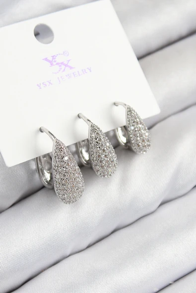 Pirinç Zirkon Taşlı 3'lü Damla Model Gümüş Renk Kadın Küpe ürün görseli 1