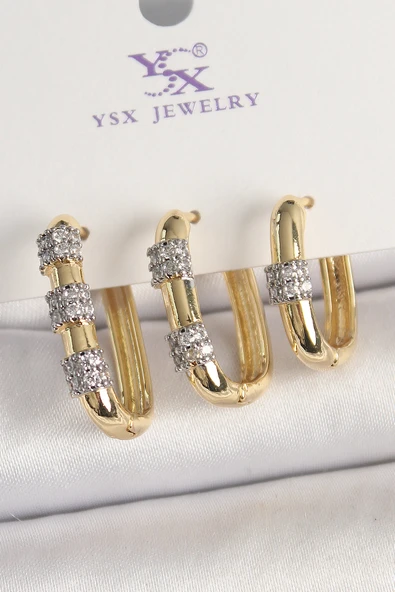 Pirinç Gold Renk 3'Lü Halka Model Gümüş Zirkon Taş Detaylı Kadın Kombin Küpe ürün görseli 1