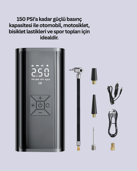 LED Fenerli ve SOS Işıklı Çok Fonksiyonlu Hava Kompresörü - 3