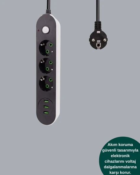 USB Yuvalı Anahtarlı Üçlü Priz 2 Metre Kablolu - 3