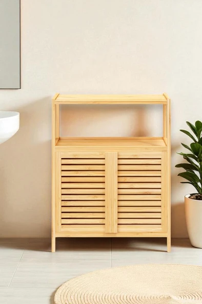 Digithome Bambu Çift Kapaklı 2 Raflı Banyo Düzenleyici Organizer Yatay Dolap DB-0038 - 3