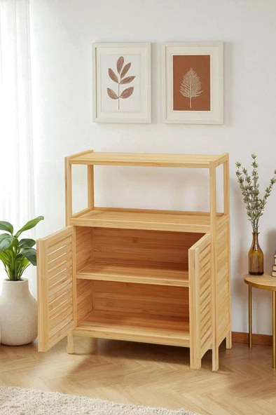 Digithome Bambu Çift Kapaklı 2 Raflı Banyo Düzenleyici Organizer Yatay Dolap DB-0038 - 6