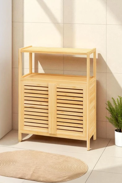 Digithome Bambu Çift Kapaklı 2 Raflı Banyo Düzenleyici Organizer Yatay Dolap DB-0038 - 2