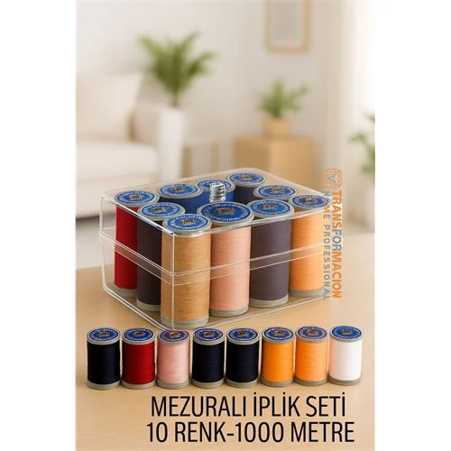 Dikiş İpliği Seti  10 Renk 1000 Mt Kutulu Mezuralı Dikiş Seti