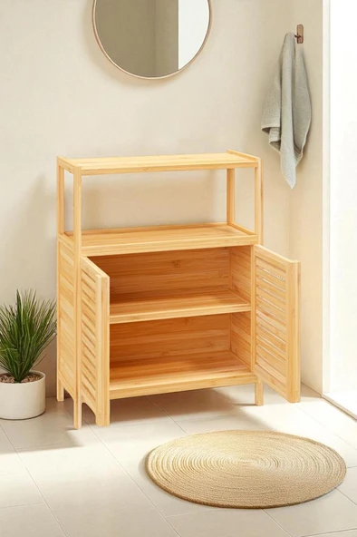 Digithome Bambu Çift Kapaklı 2 Raflı Banyo Düzenleyici Organizer Yatay Dolap DB-0038 - 4