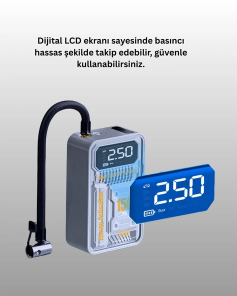 150 PSI Kablosuz Dijital Ekranlı Taşınabilir Araç Lastik Pompası - 2