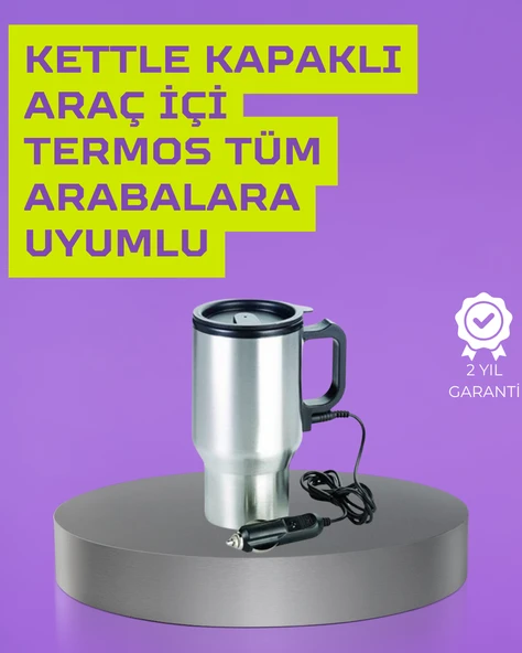 Çelik Gövdeli Araç İçi Isıtıcı Termos Bardak 450 ml Kapasiteli