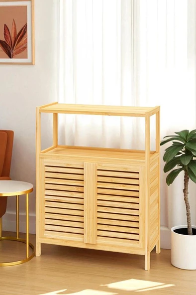 Digithome Bambu Çift Kapaklı 2 Raflı Banyo Düzenleyici Organizer Yatay Dolap DB-0038 - 5