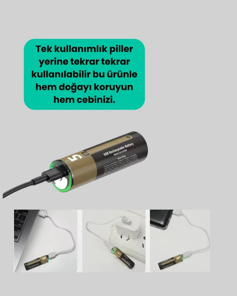 Tekrar Şarj Edilebilir AA USB TypeC Pil | 1000+ Döngü | 1.5V Sabit Voltaj - 2