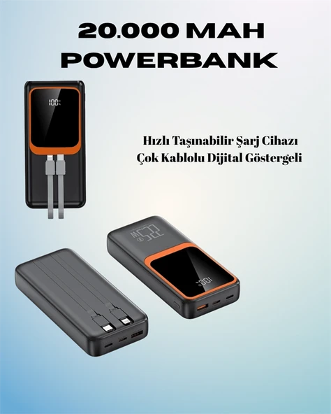 20000 mAh Powerbank | Çok Kablolu, Dijital Göstergeli, Yüksek Hızlı Şarj Cihazı - 2