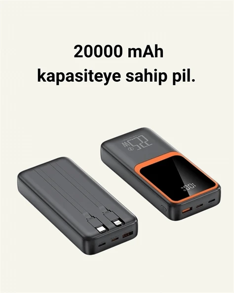 20000 mAh Powerbank | Çok Kablolu, Dijital Göstergeli, Yüksek Hızlı Şarj Cihazı