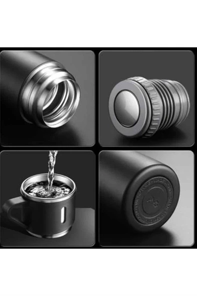 Termos Paslanmaz Çelik Termos Siyah Renk 3 Bardaklı Termos Seti - 3