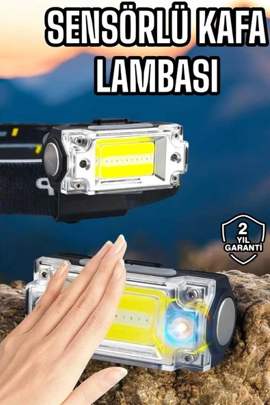 Beyaz Led Işık Sensörlü Kafa Lambası Lityum Batarya Led El Fenerli Şarjlı - 2