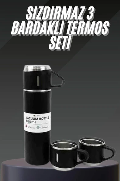 Termos Seti Paslanmaz Çelik 3 Bardaklı Vakumlu Termos Set 500 Ml 12 Saate Kadar Isı Koruma - 2