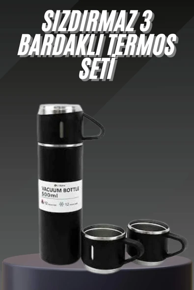 Termos Seti Paslanmaz Çelik 3 Bardaklı Vakumlu Termos Set 500 Ml 12 Saate Kadar Isı Koruma