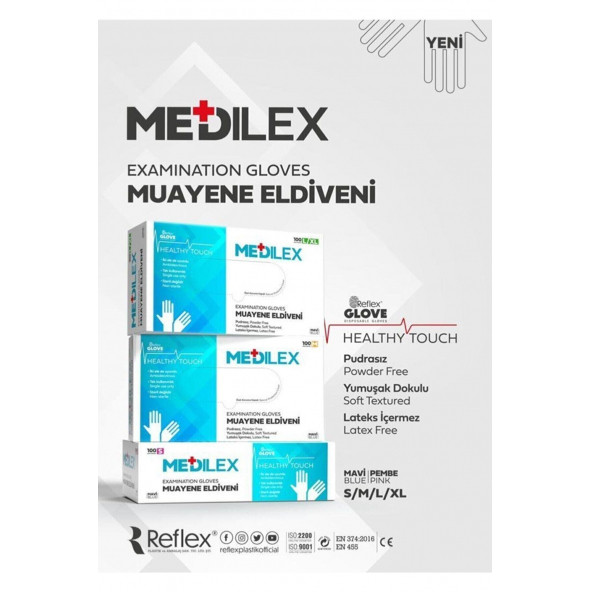 Reflex Medilex MAVİ Pudrasız Eldiven (L-XL) 100'lü