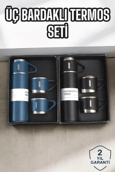 Şık ve Dayanıklı 3 Bardaklı Termos Seti Uzun Süre Isı Koruma Özellikli