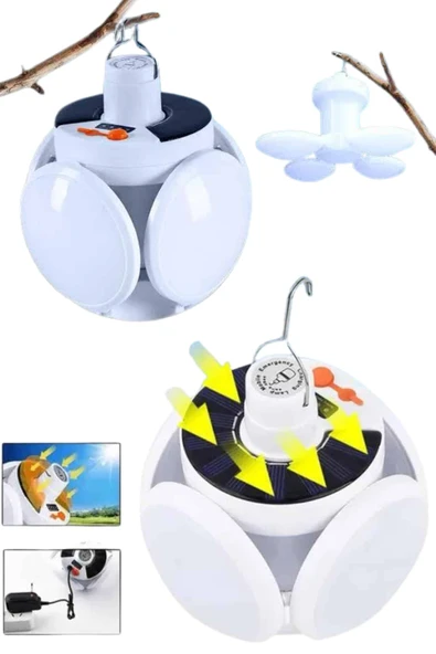 Katlanabilir Askılı Kamp Lambası 5 Kanatlı Pratik Güneş Enerjili - Resim 2