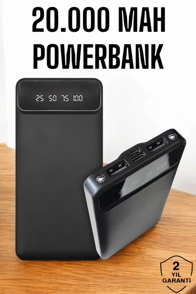 20.000 Mah Led Işıklı LCD Ekran USB Girişli TypeC Lightning Powerbank