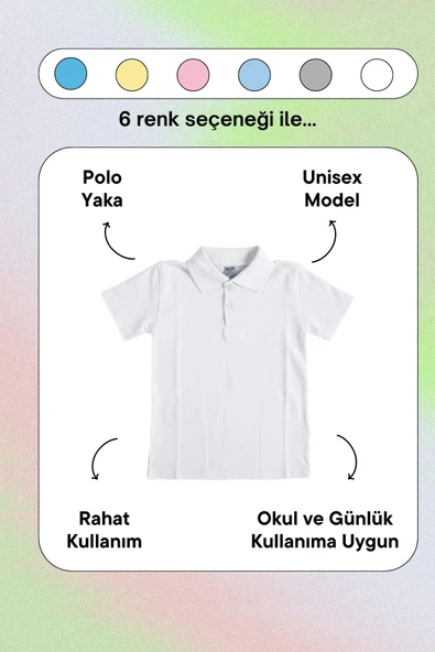 Beyaz Kısa Kol Düz Renk Yakalı 6-17 Yaş Çocuk Okul Lakos Tişört Polo Yaka T-shirt - 4