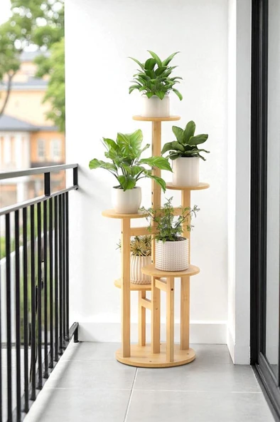Digithome Bambu Yuvarlak Form 5 Raflı Saksılık Saksı Standı Çiçeklik Organizer DB-0036 - Resim 3