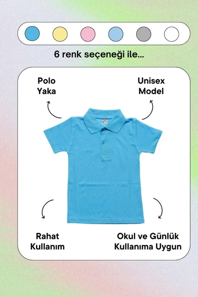 Turkuaz Kısa Kol Düz Renk Yakalı 6-17 Yaş Çocuk Okul Lakos Tişört Polo Yaka T-shirt - 4