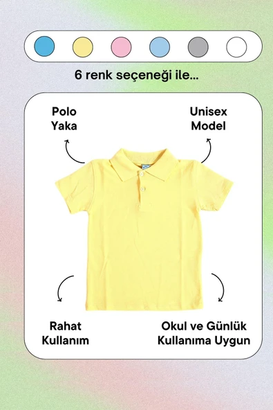 Sarı Kısa Kol Düz Renk Yakalı 6-17 Yaş Çocuk Okul Lakos Tişört Polo Yaka T-shirt - Resim 4