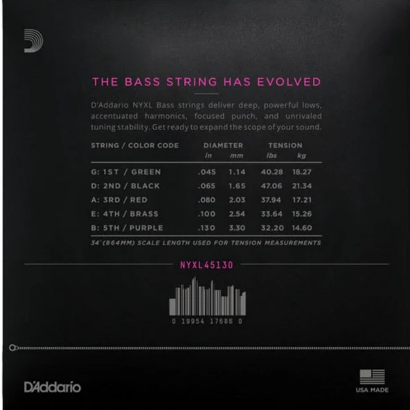 DADDARIO NYXL45130 BASS GİTAR TEL SETİ, NYXL SERİSİ, LONG SCALE, 5 TELLİ - 2
