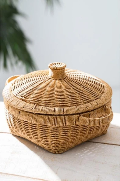 Digithome Rattan Hasır Kapaklı Çok Amaçlı Depolama Mutfak Banyo Sepeti 28.5 Cm - Kahverengi