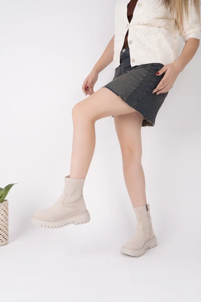 Muggo SUEVA Süet Kalın Taban Fermuarlı Kadın Bot - 7