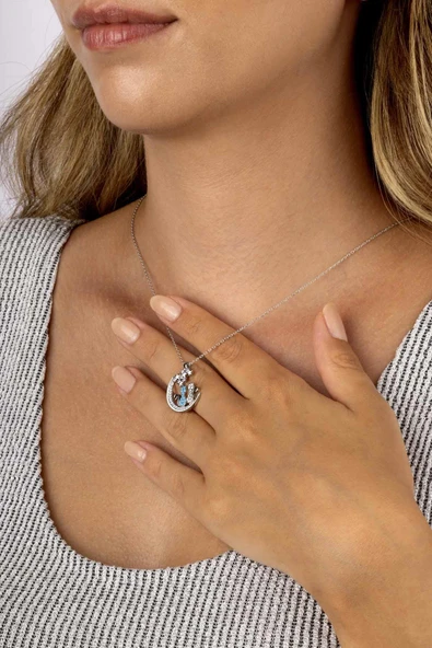 Gümüş Pazarım Firuze Taşlı Yıldızları İzleyen Çift Kedi Kadın Gümüş Kolye - 3