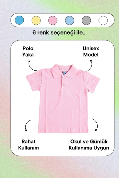 Pembe Kısa Kol Düz Renk Yakalı 6-17 Yaş Çocuk Okul Lakos Tişört Polo Yaka T-shirt - Resim 3