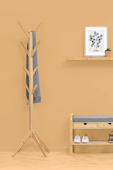 Digithome Bambu Portmanto Askılık 8'li Modern Vestiyer Ayaklı Askılık Ahşap Elbise Askısı DB-0026 - 3
