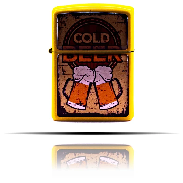 Cold Beer Sarı Retro Cold Beer Bira Desenli Sarı Benzinli Çakmak - Resim 3