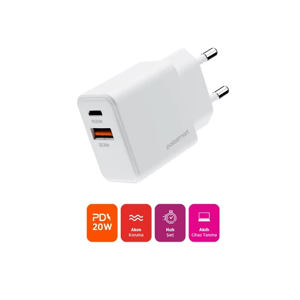 Polosmart PBS136 Hızlı 1 USB 1 PD Çıkışlı 20W Şarj Adaptörü Duvar Şarjı Beyaz - 2