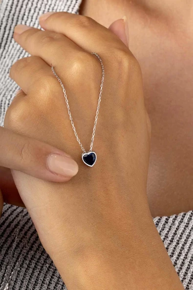 Gümüş Pazarım Mavi Taşlı Kalp Minimal Kadın Gümüş Kolye - Resim 2