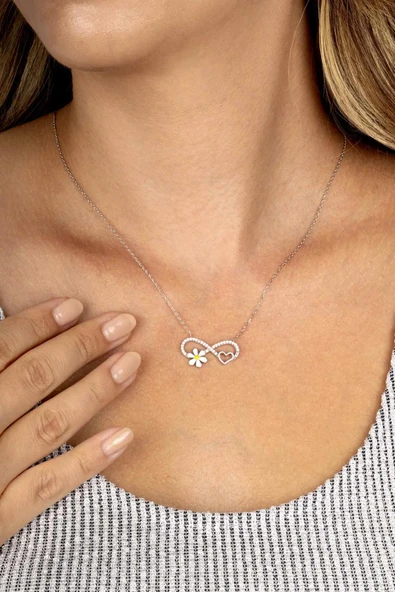 Gümüş Pazarım Beyaz Altın Kaplama Sonsuzluk Kalp Papatya Üçlüsü Kadın Gümüş Kolye - Resim 3