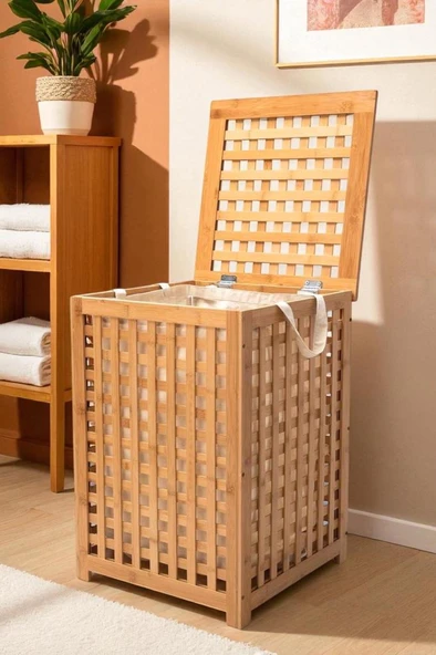 Digithome Bambu Çamaşır Sepeti 58x40 cm Kulplu Taşınabilir Bezli DB-0042