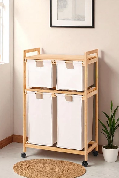 Bambu 4 Bölmeli Kirli Sepetli Çamaşır Sepeti Raflı Banyo Düzenleyici DB-0018