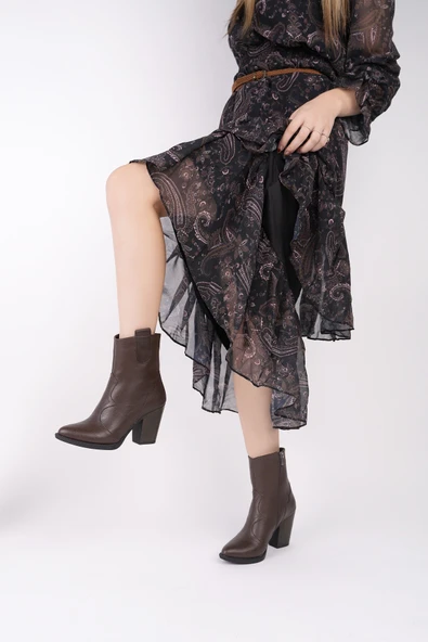 Muggo WESTON Sivri Burun Dikiş Detaylı Fermuarlı Kalın Topuklu Kovboy Kadın Bot - 5