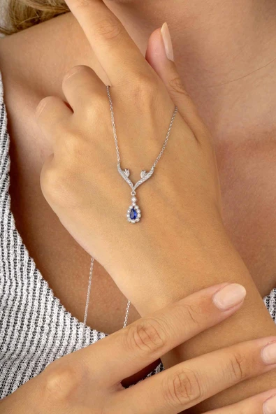 Gümüş Pazarım Beyaz Altın Kaplama Damla Taşlı Safir Su Yolu Kadın Gümüş Kolye - Resim 3