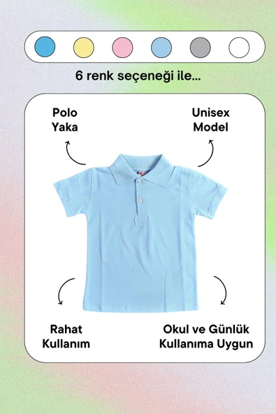 Mavi Kısa Kol Düz Renk Yakalı 6-17 Yaş Çocuk Okul Lakos Tişört Polo Yaka T-shirt - 4
