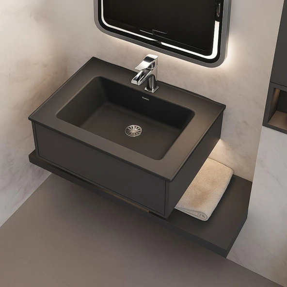 Real Stone ZENITH 65 Etajerli Antrasit Granit Banyo Lavabosu 65x45 - 2