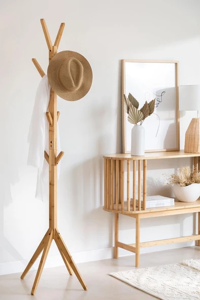 Digithome Bambu Portmanto Askılık 8'li Modern Vestiyer Ayaklı Askılık Ahşap Elbise Askısı DB-0026