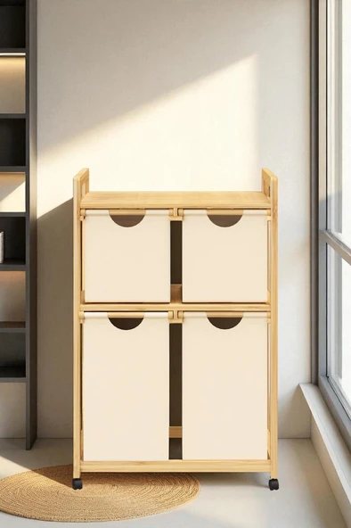 Bambu 4 Bölmeli Kirli Sepetli Çamaşır Sepeti Raflı Banyo Düzenleyici DB-0018 - 4