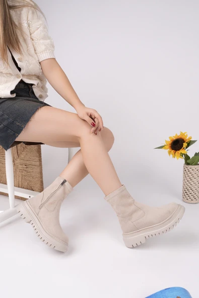 Muggo SUEVA Süet Kalın Taban Fermuarlı Kadın Bot - 15