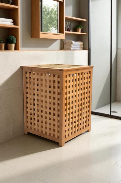 Digithome Bambu Çamaşır Sepeti 58x40 cm Kulplu Taşınabilir Bezli DB-0042 - 3