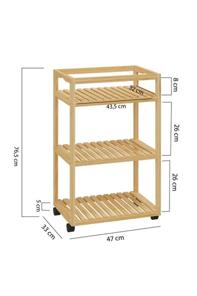 Digithome Bambu 3 Raflı Tekerlekli Sunum Servis Arabası Mutfak Rafı Sehpa Banyo Rafı DB-0029 - 8