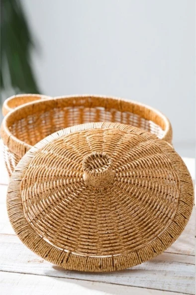Digithome Rattan Hasır Kapaklı Çok Amaçlı Depolama Mutfak Banyo Sepeti 28.5 Cm - Kahverengi - 2